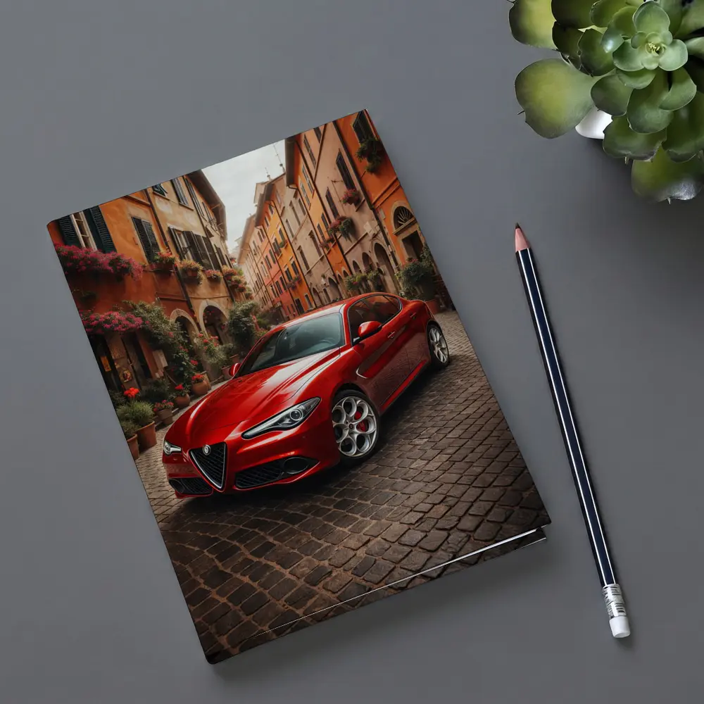 Alfa Romeo Giulia Red Italian Cobblestone Street – Notebooks
