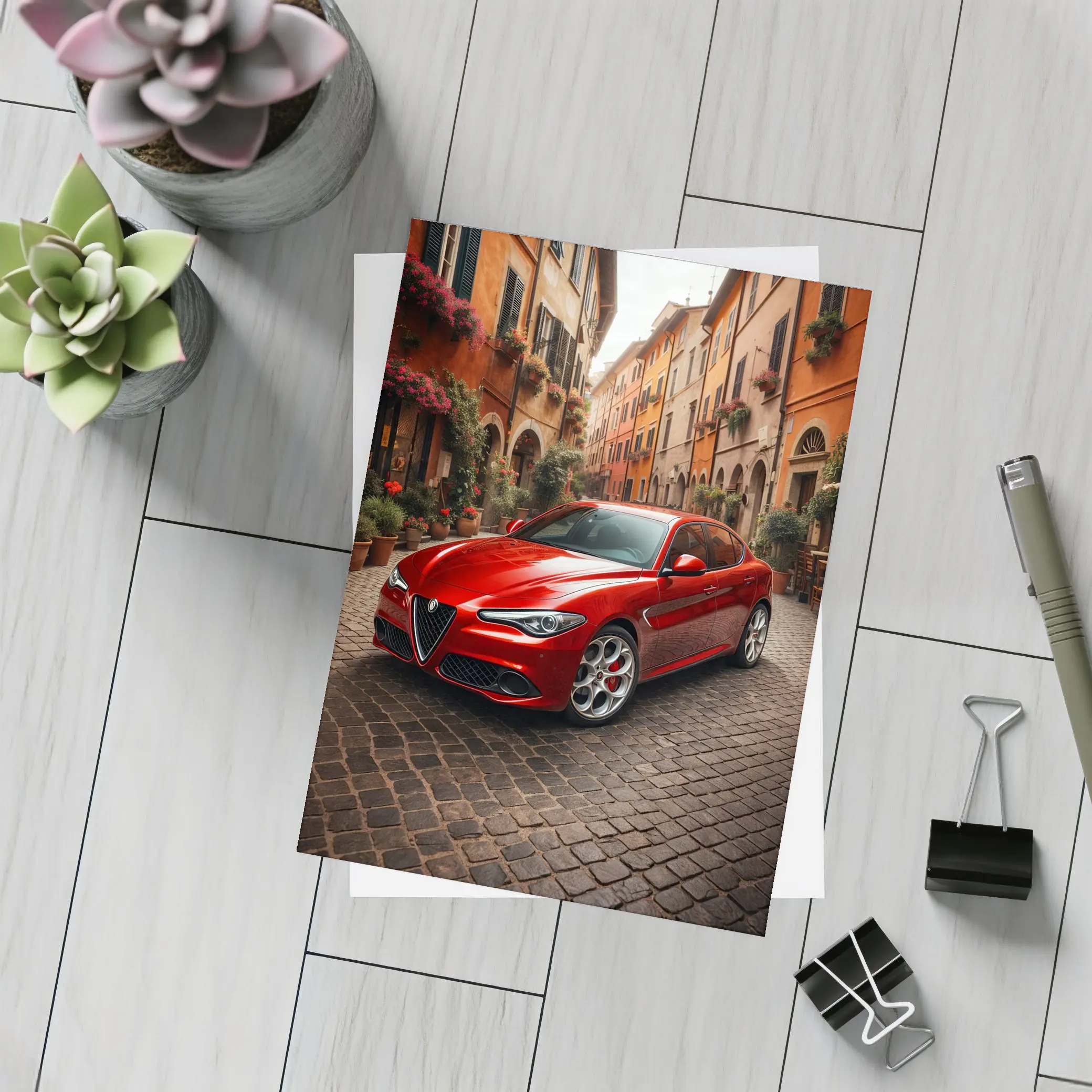 Alfa Romeo Giulia Red Italian Cobblestone Street – Postcards