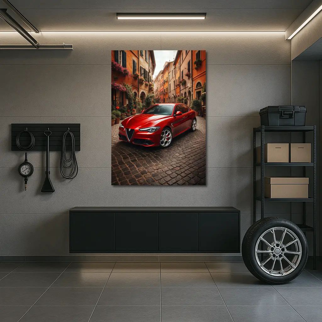 Alfa Romeo Giulia Red Italian Cobblestone Street – Wall Art
