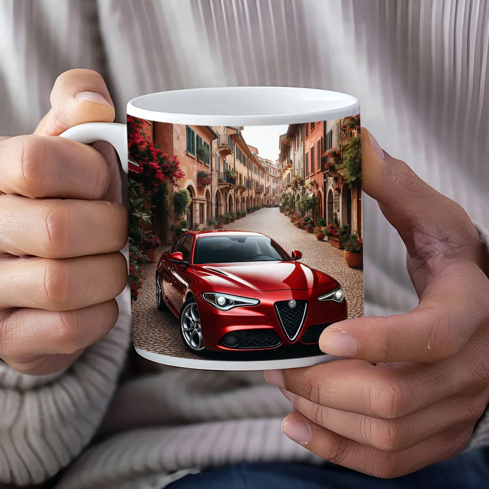 Alfa Romeo Giulia Red Italian Cobblestone Street – Mugs