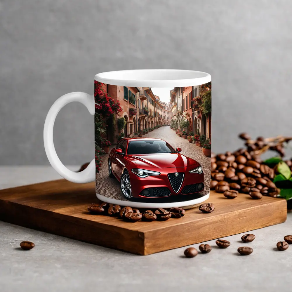 Alfa Romeo Giulia Red Italian Cobblestone Street – Mugs