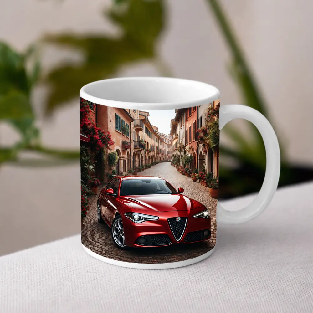 Alfa Romeo Giulia Red Italian Cobblestone Street – Mugs