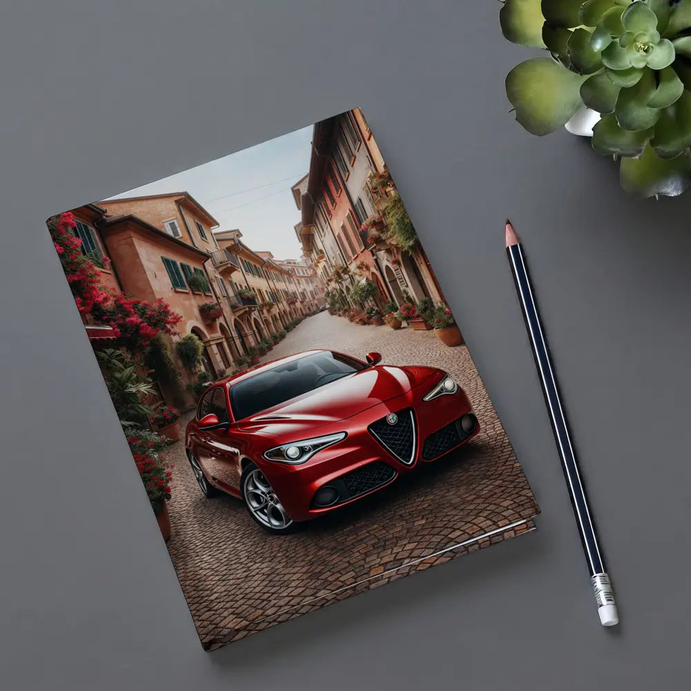 Alfa Romeo Giulia Red Italian Cobblestone Street – Notebooks