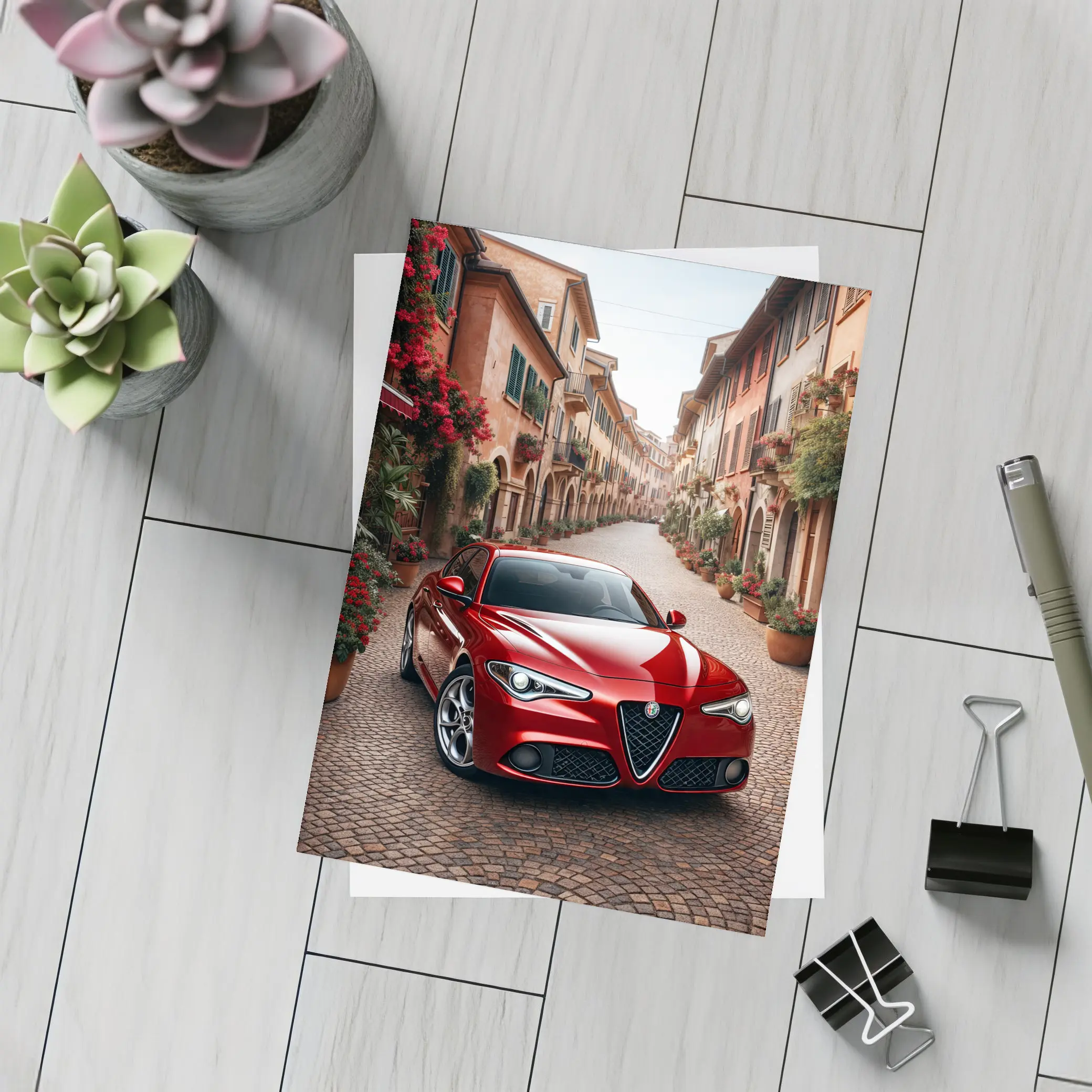Alfa Romeo Giulia Red Italian Cobblestone Street – Postcards