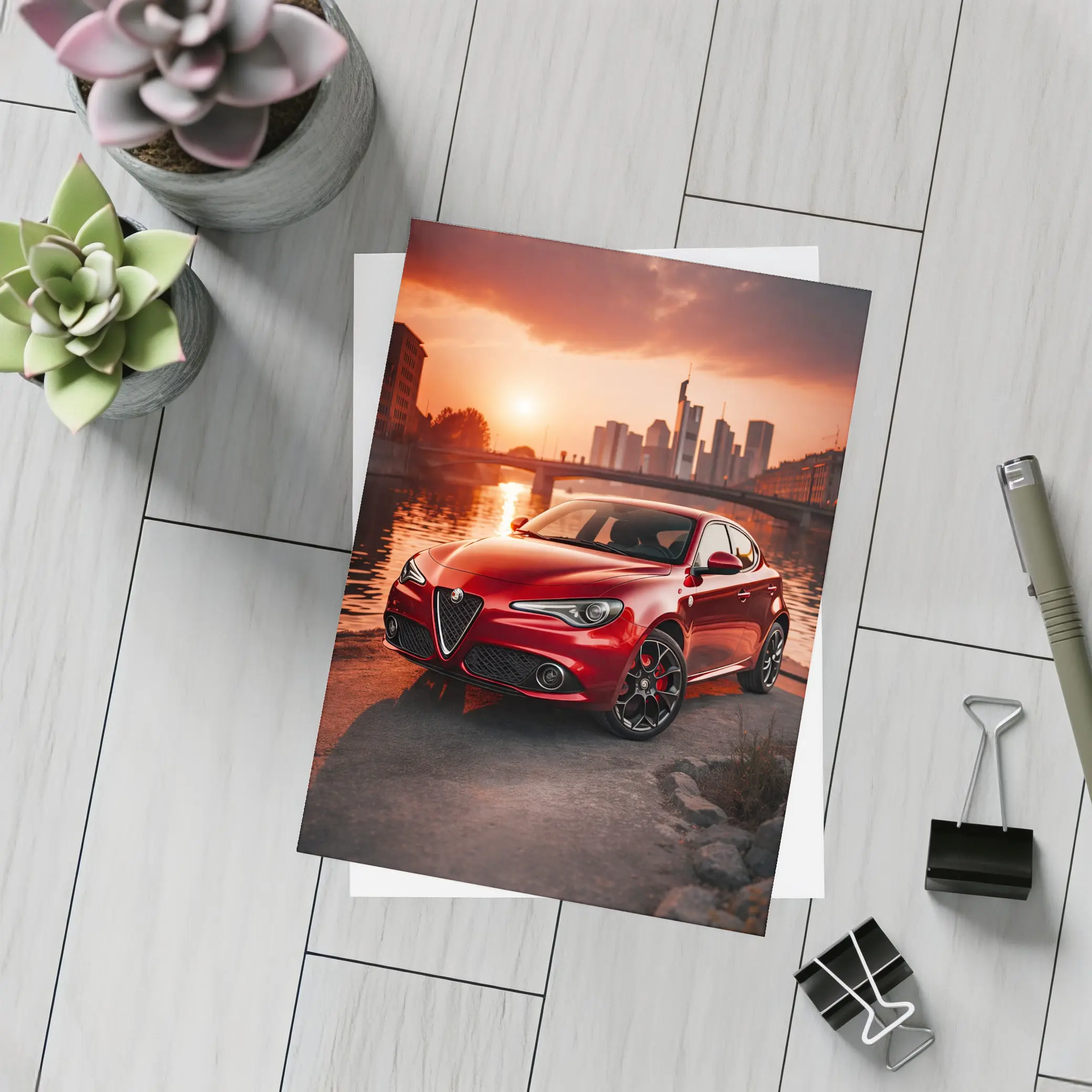 Alfa Romeo Giulia Red Sunset City Waterfront – Postcards