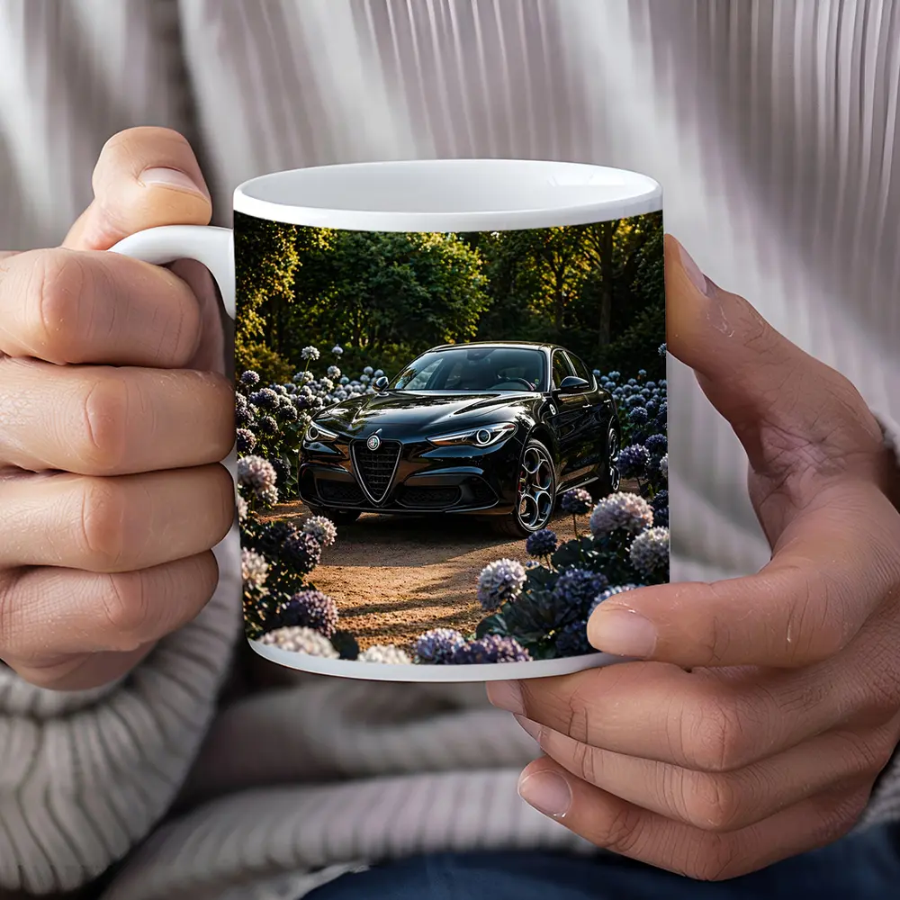 Alfa Romeo Giulia Black Among Purple Hydrangeas – Mugs