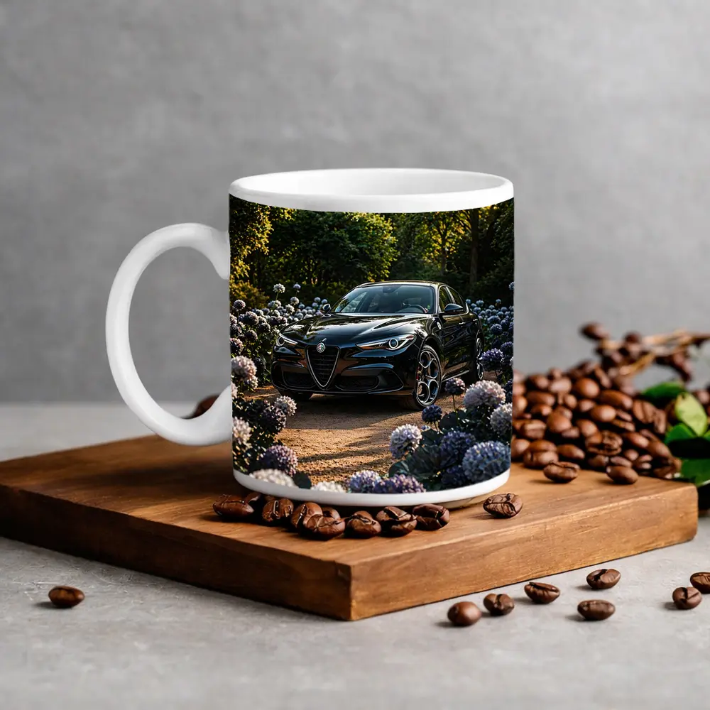 Alfa Romeo Giulia Black Among Purple Hydrangeas – Mugs