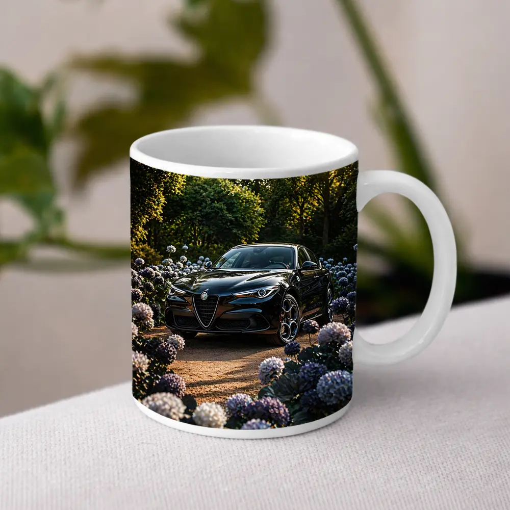 Alfa Romeo Giulia Black Among Purple Hydrangeas – Mugs