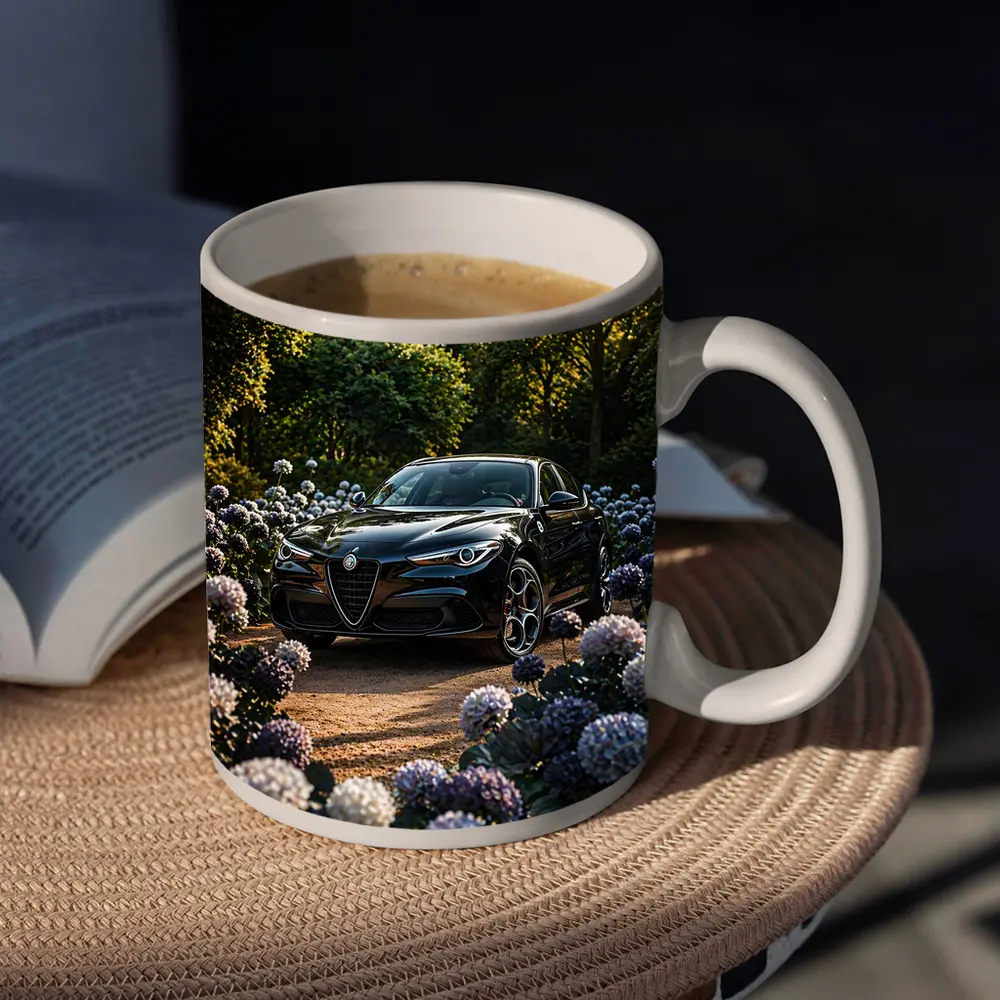 Alfa Romeo Giulia Black Among Purple Hydrangeas – Mugs