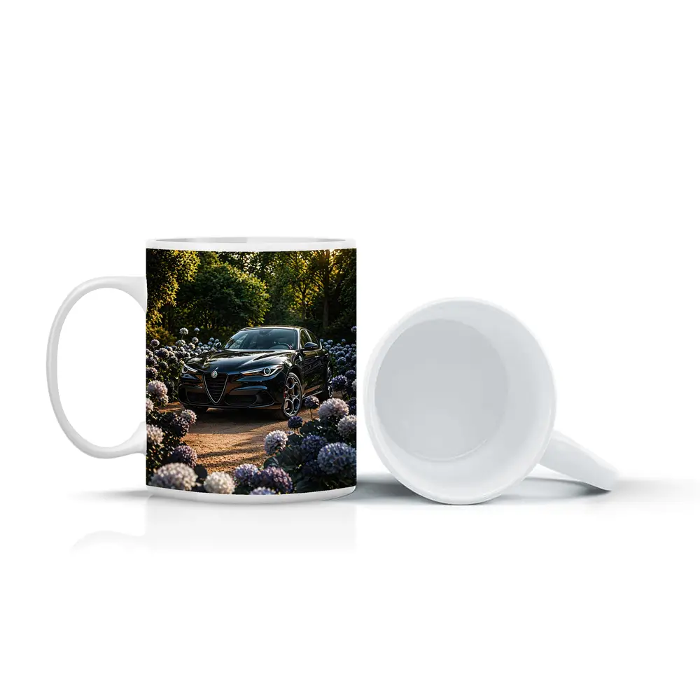 Alfa Romeo Giulia Black Among Purple Hydrangeas – Mugs