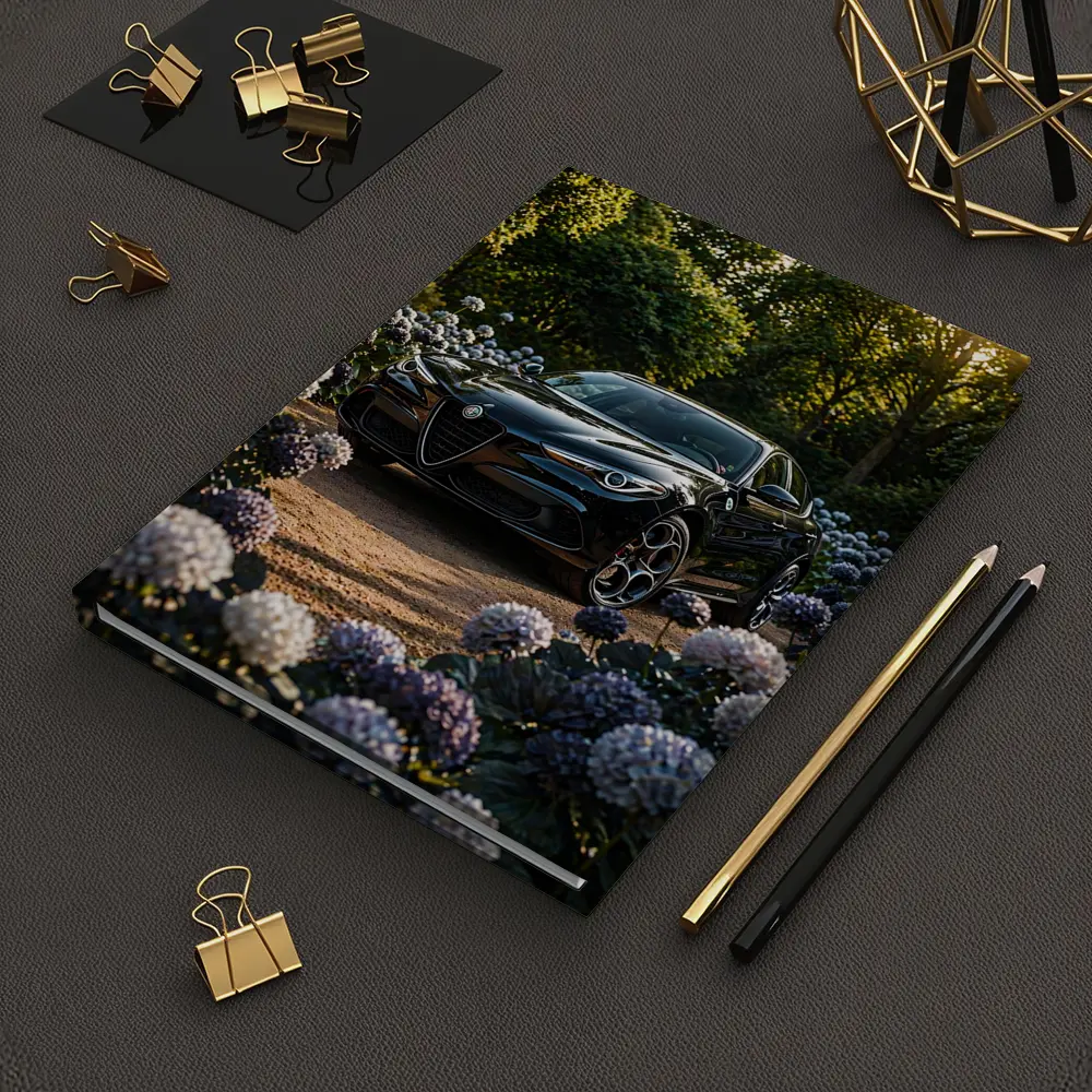 Alfa Romeo Giulia Black Among Purple Hydrangeas – Notebooks