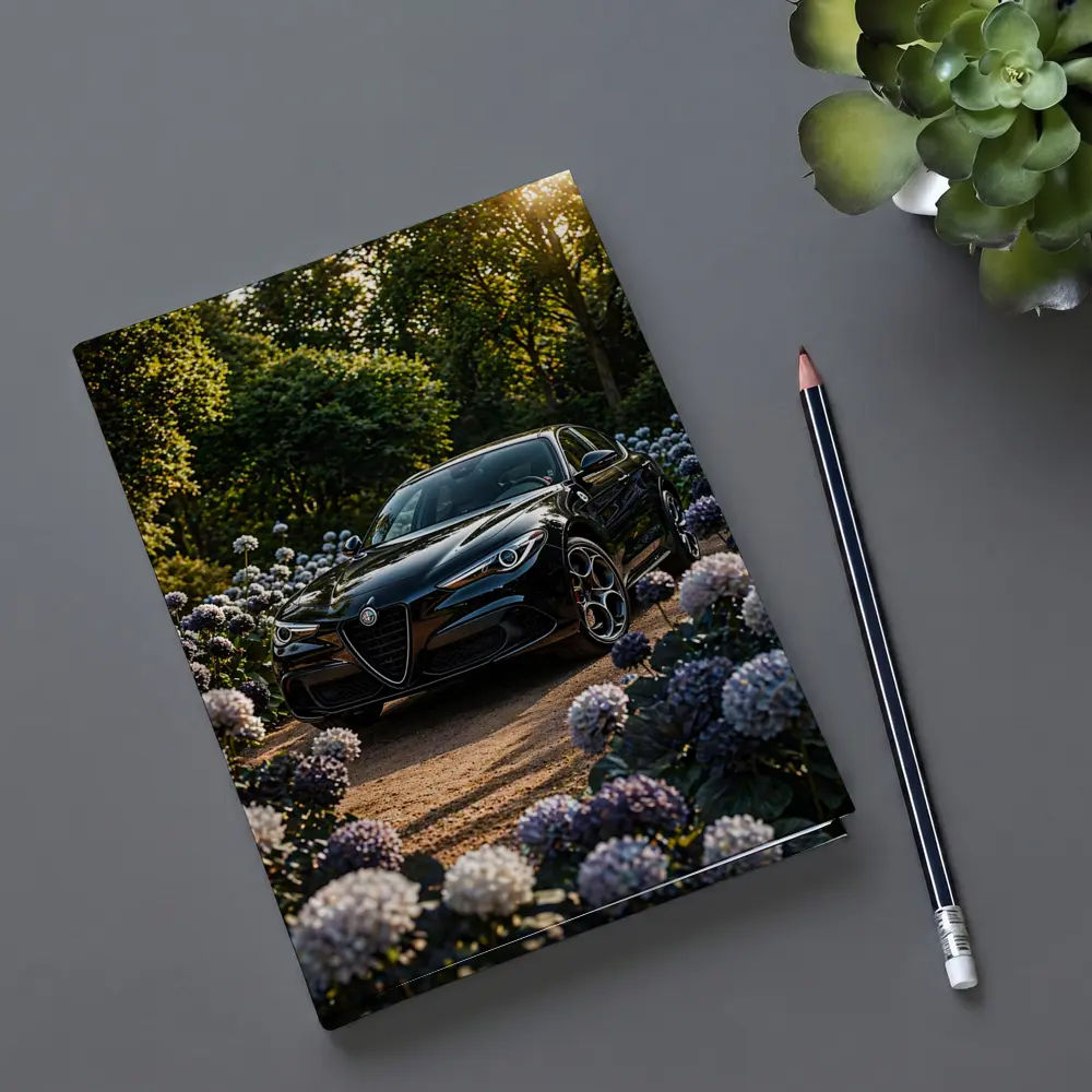 Alfa Romeo Giulia Black Among Purple Hydrangeas – Notebooks