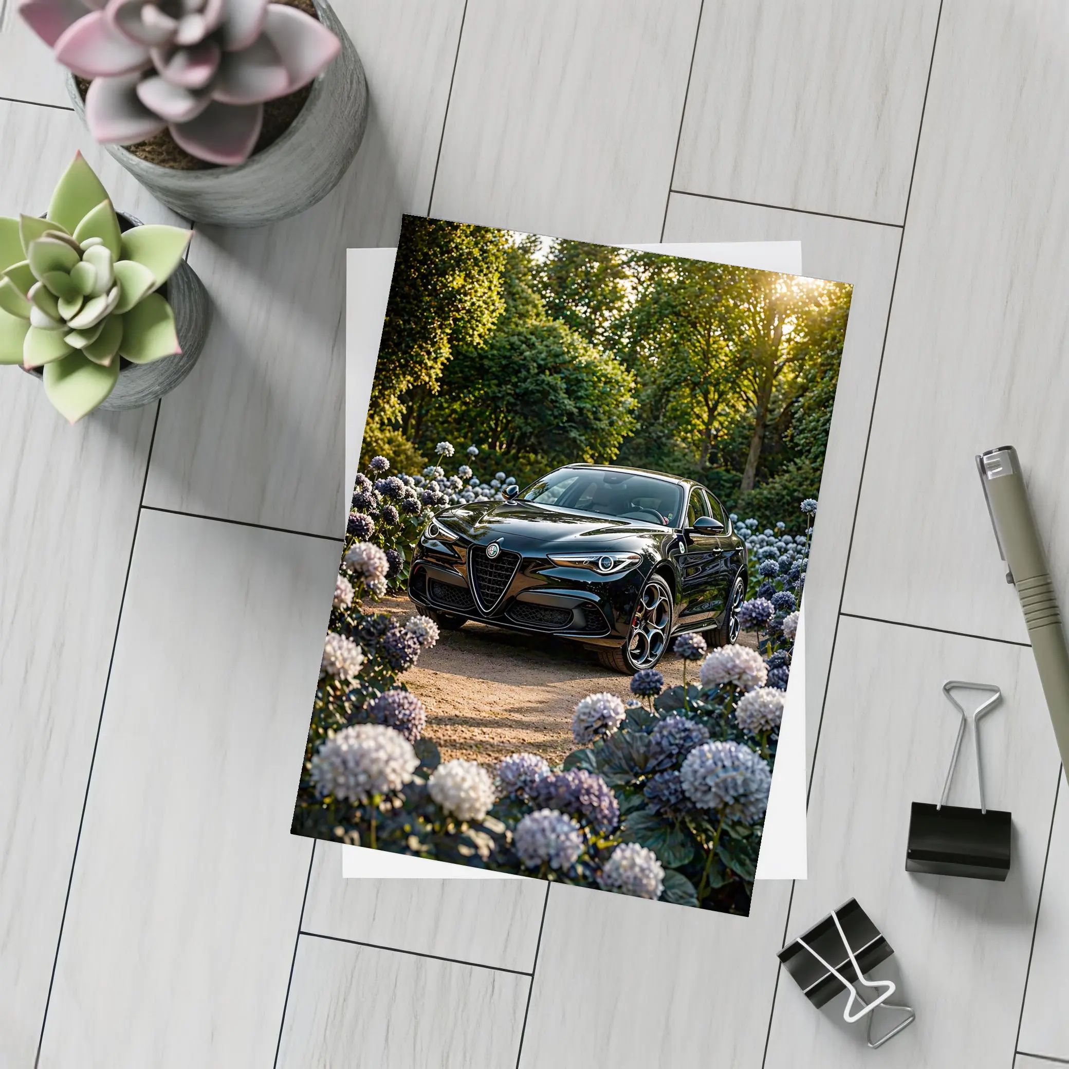 Alfa Romeo Giulia Black Among Purple Hydrangeas – Postcards