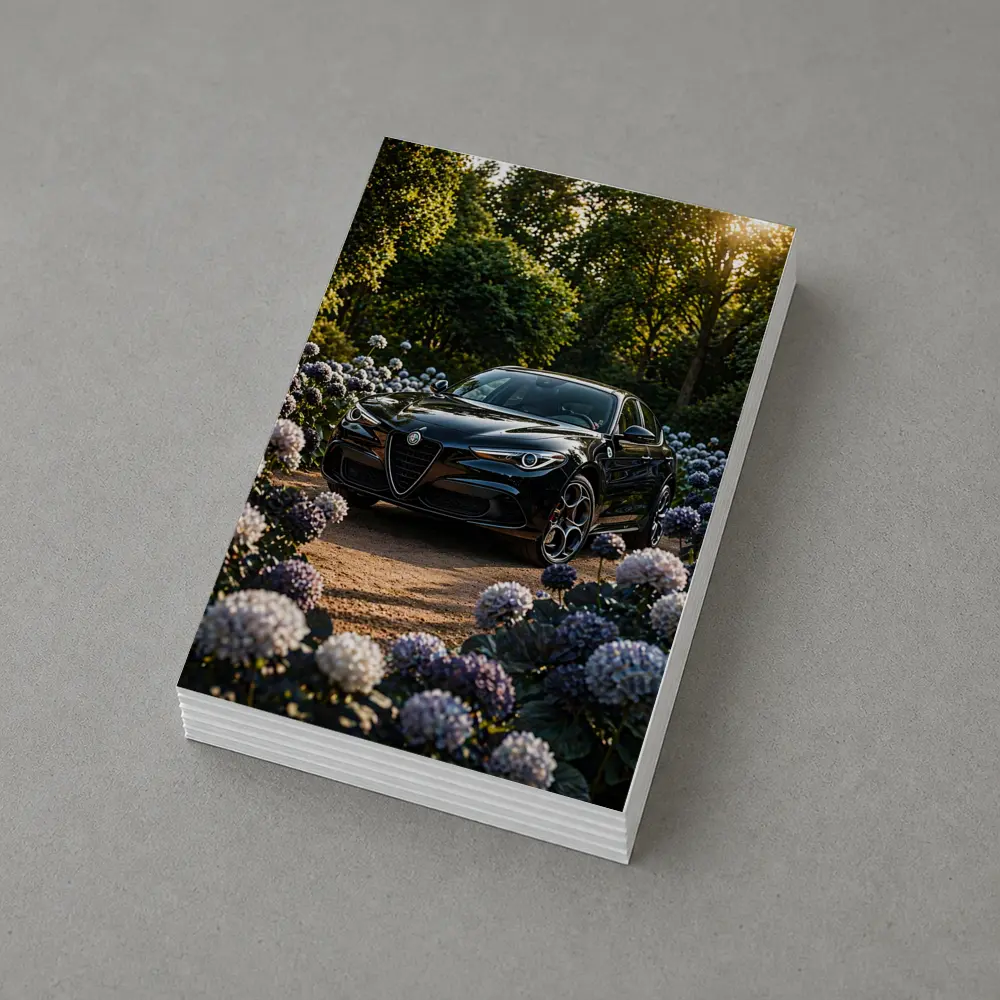 Alfa Romeo Giulia Black Among Purple Hydrangeas – Postcards