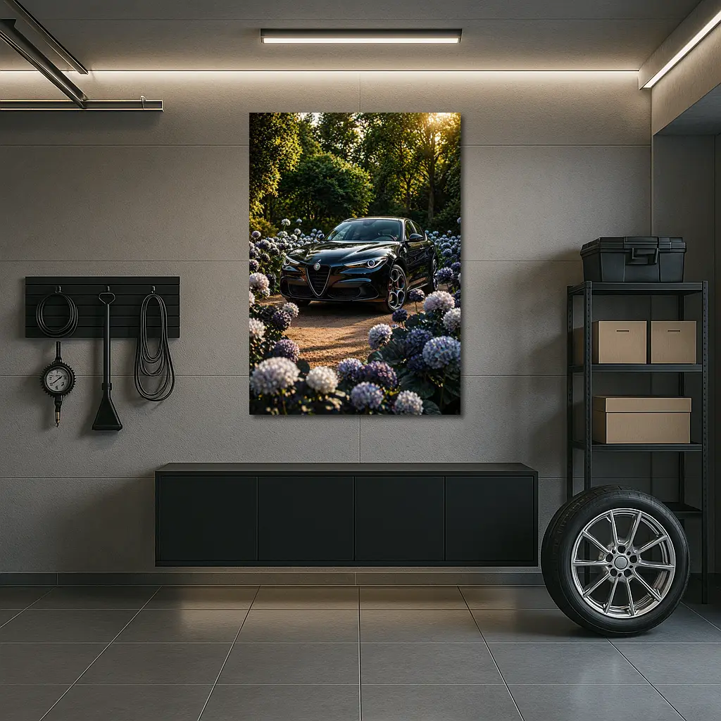 Alfa Romeo Giulia Black Among Purple Hydrangeas – Wall Art