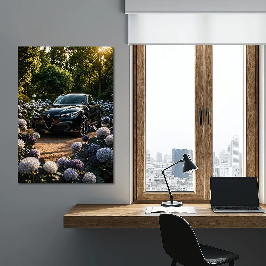 Alfa Romeo Giulia Black Among Purple Hydrangeas – Wall Art