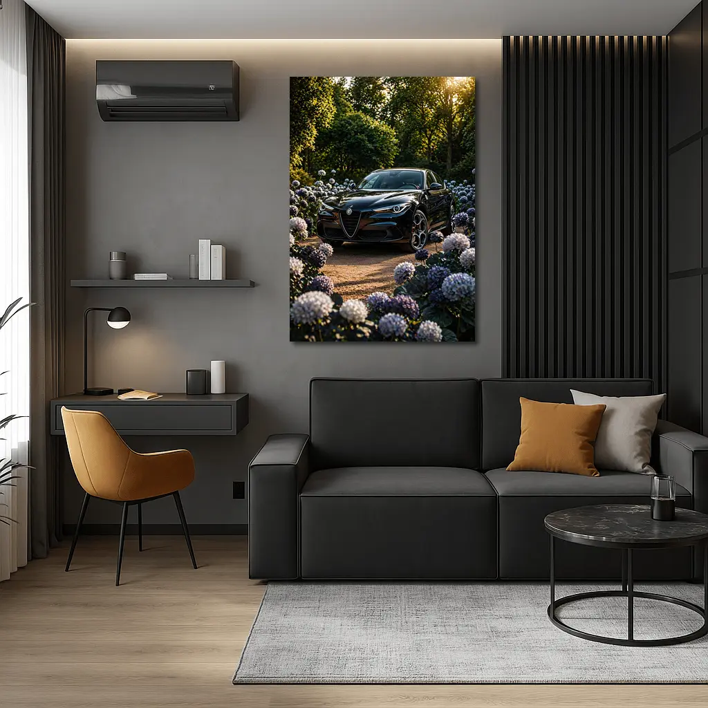 Alfa Romeo Giulia Black Among Purple Hydrangeas – Wall Art