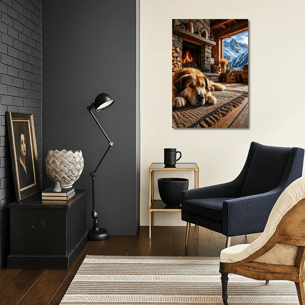 Golden Dog Resting By Mountain Chalet Fireplace – Wall Art