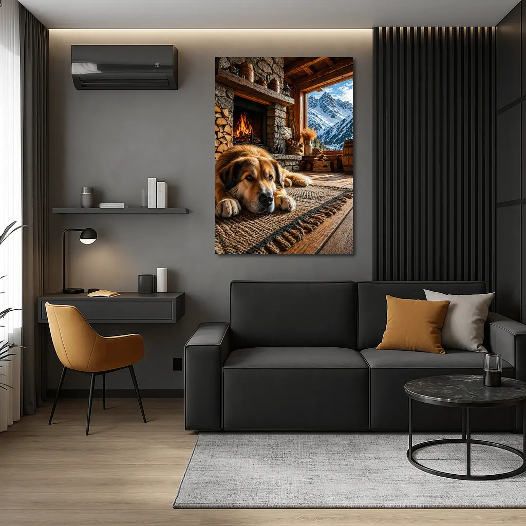 Golden Dog Resting By Mountain Chalet Fireplace – Wall Art