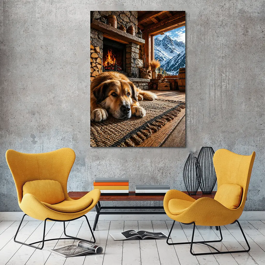 Golden Dog Resting By Mountain Chalet Fireplace – Wall Art