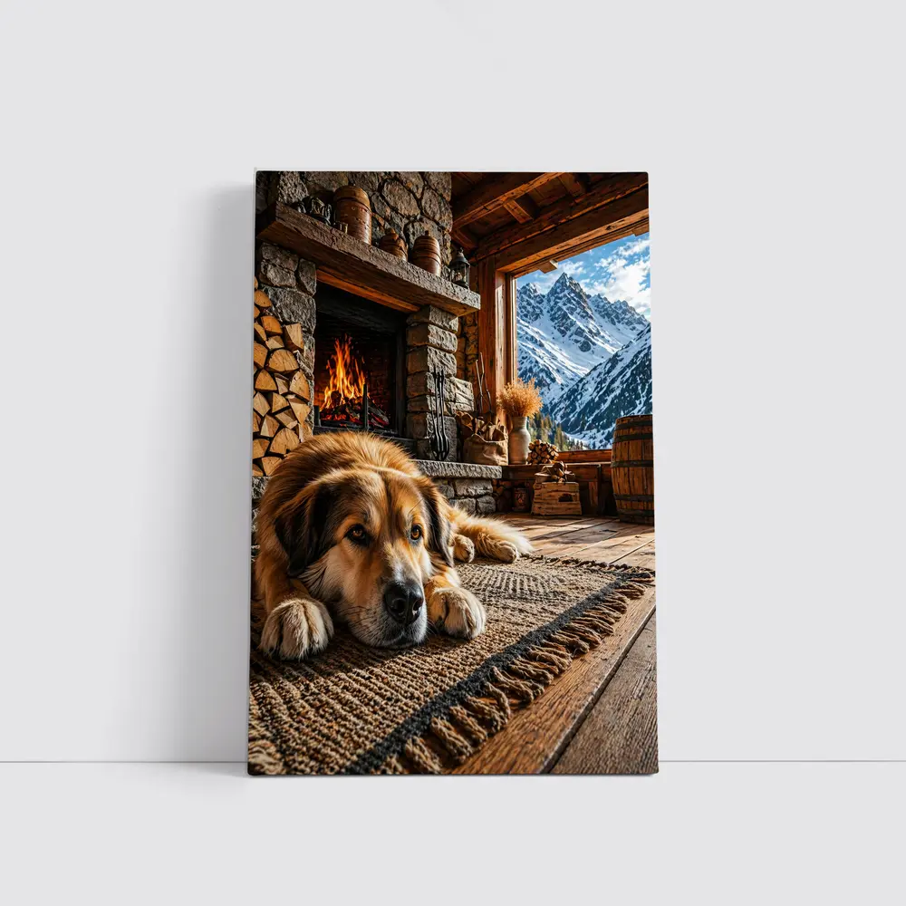 Golden Dog Resting By Mountain Chalet Fireplace – Wall Art