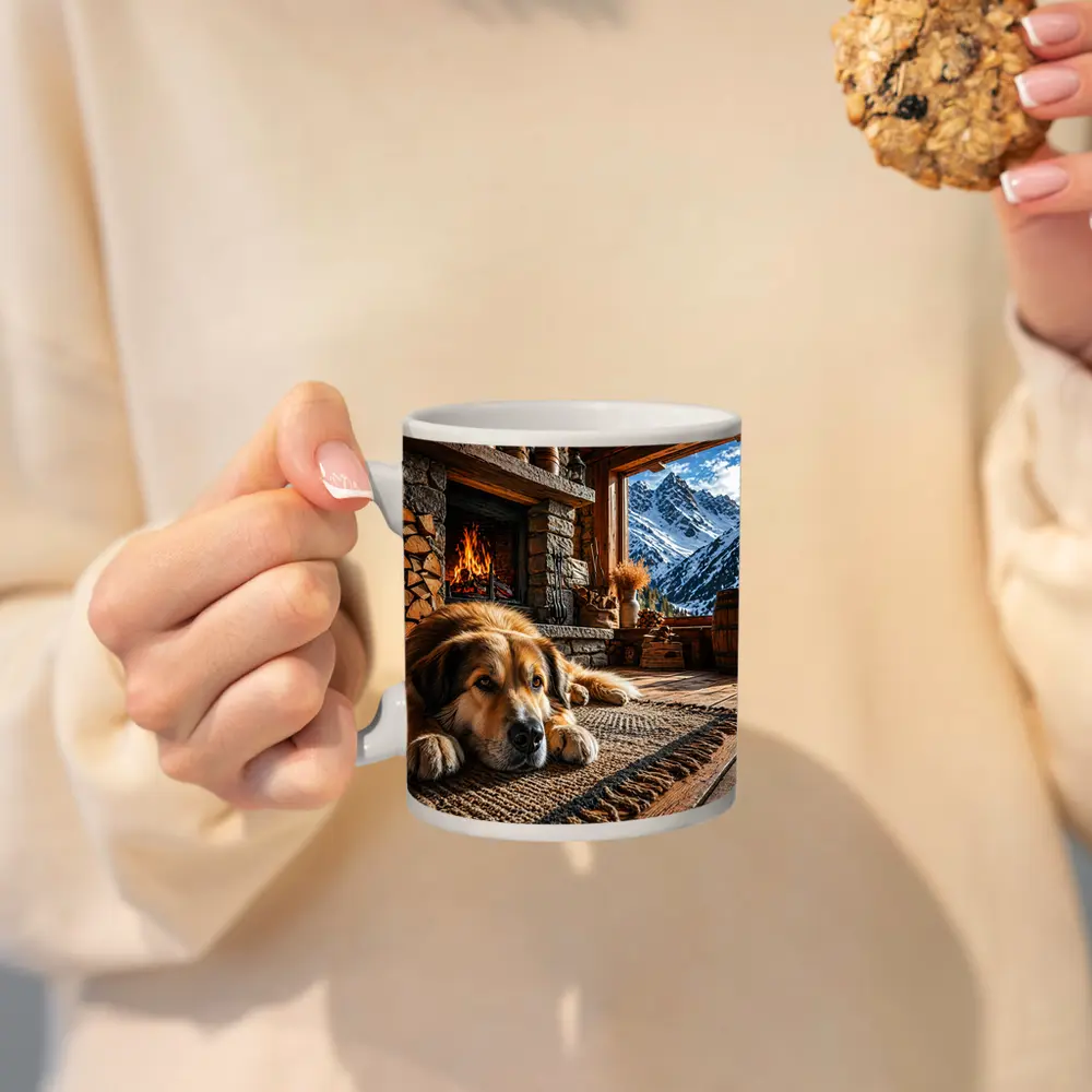Golden Dog Resting By Mountain Chalet Fireplace – Mugs
