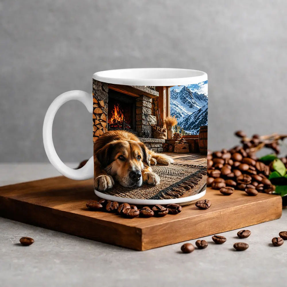 Golden Dog Resting By Mountain Chalet Fireplace – Mugs