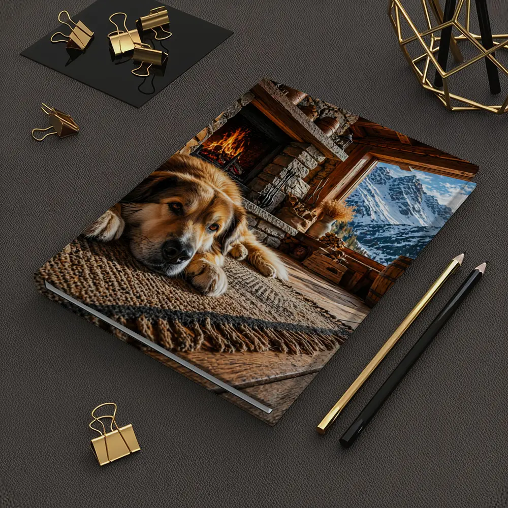 Golden Dog Resting By Mountain Chalet Fireplace – Notebooks