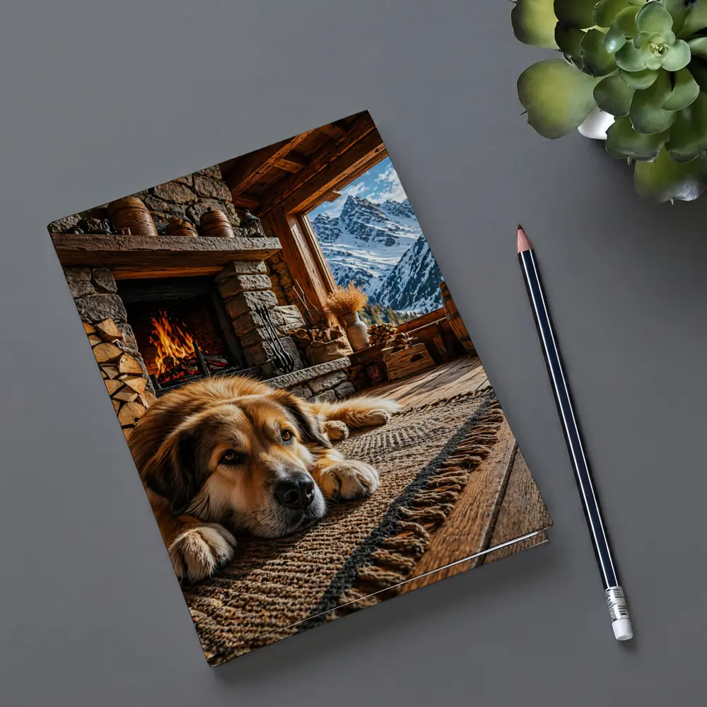 Golden Dog Resting By Mountain Chalet Fireplace – Notebooks