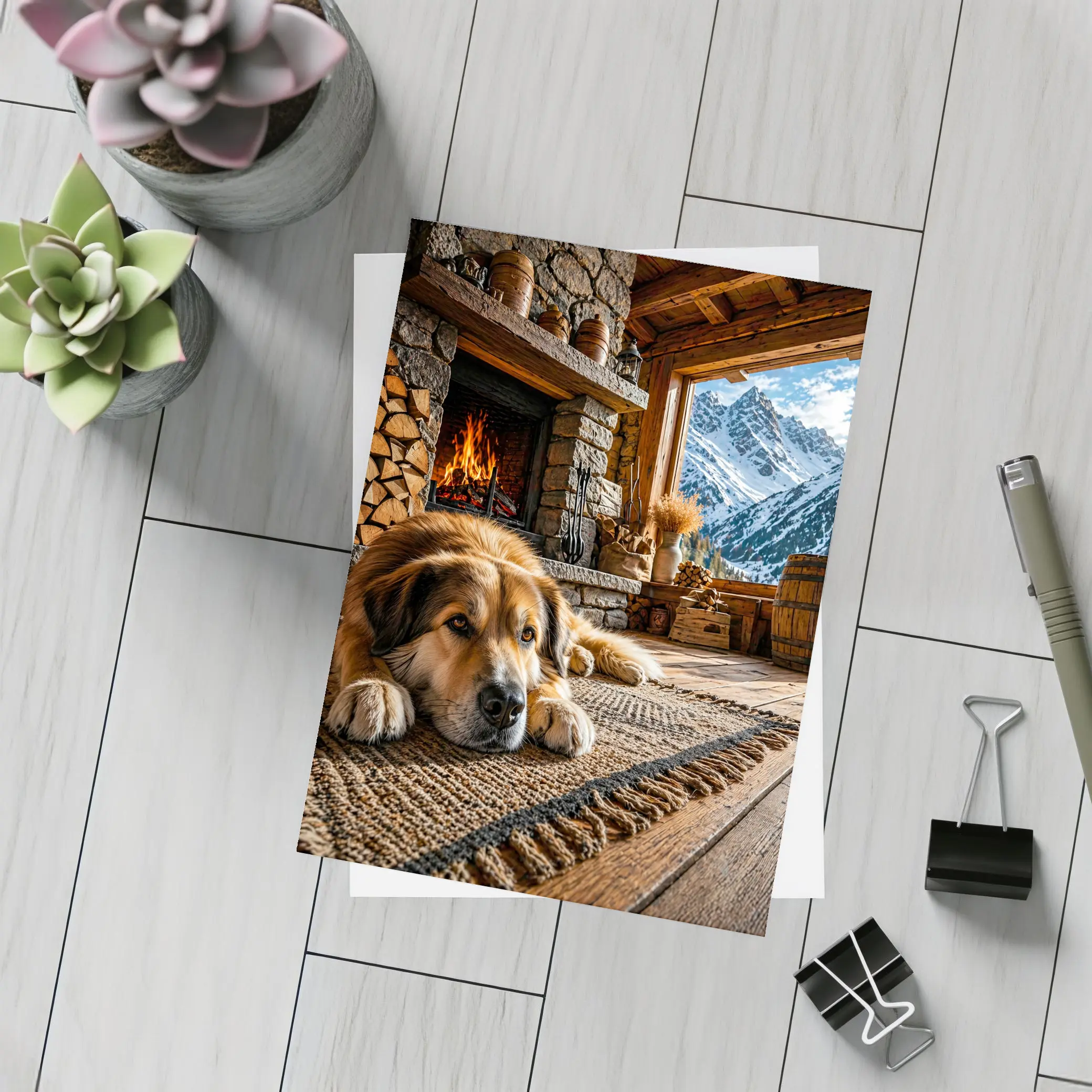 Golden Dog Resting By Mountain Chalet Fireplace – Postcards