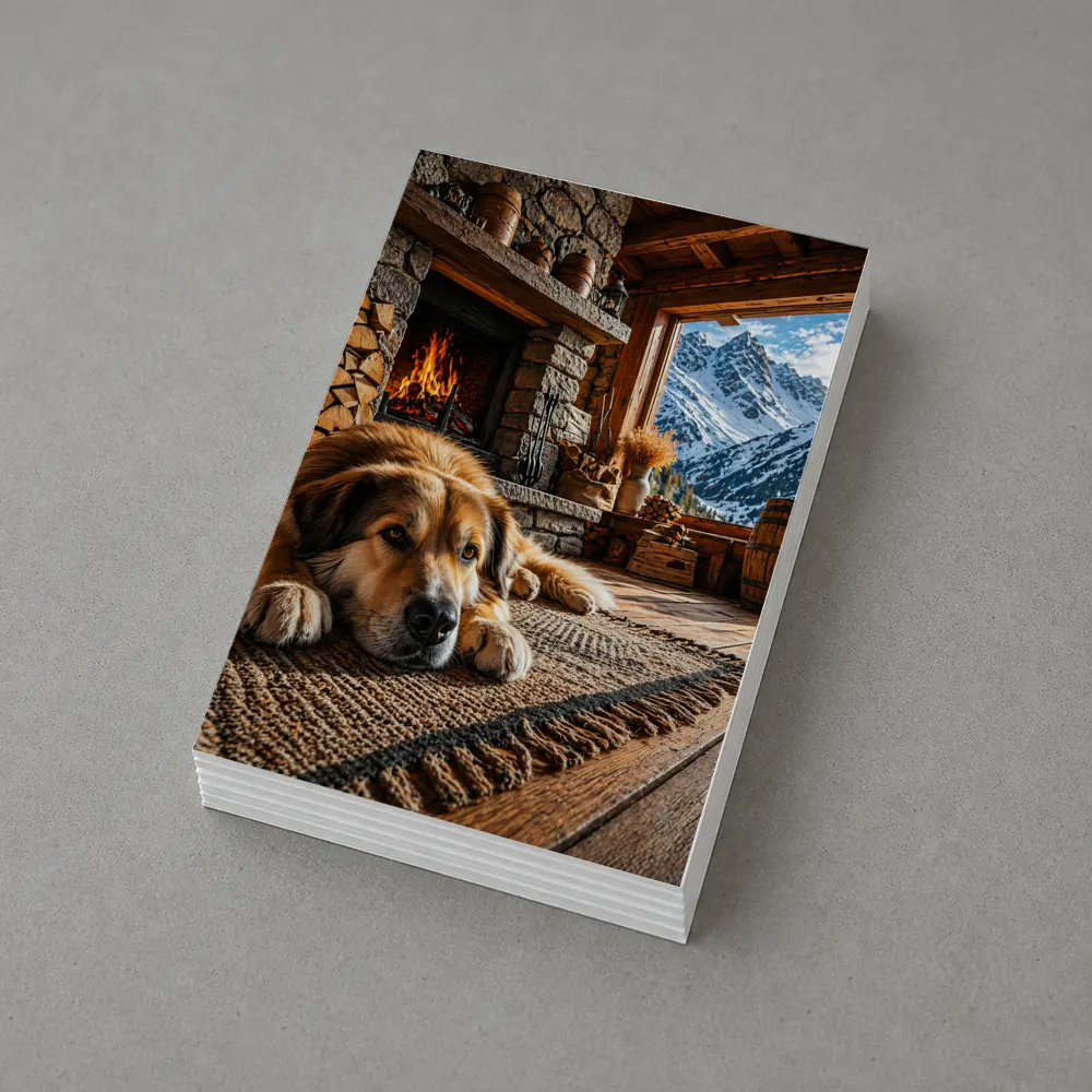 Golden Dog Resting By Mountain Chalet Fireplace – Postcards