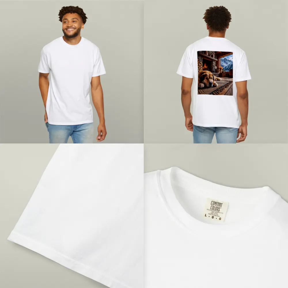 Golden Dog Resting By Mountain Chalet Fireplace – T-Shirts