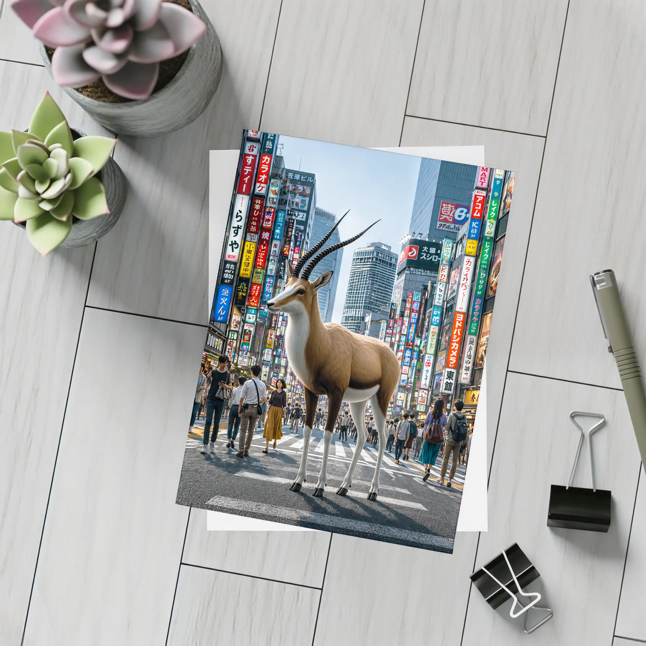 Antelope Standing in Busy Tokyo City Street – Postcards