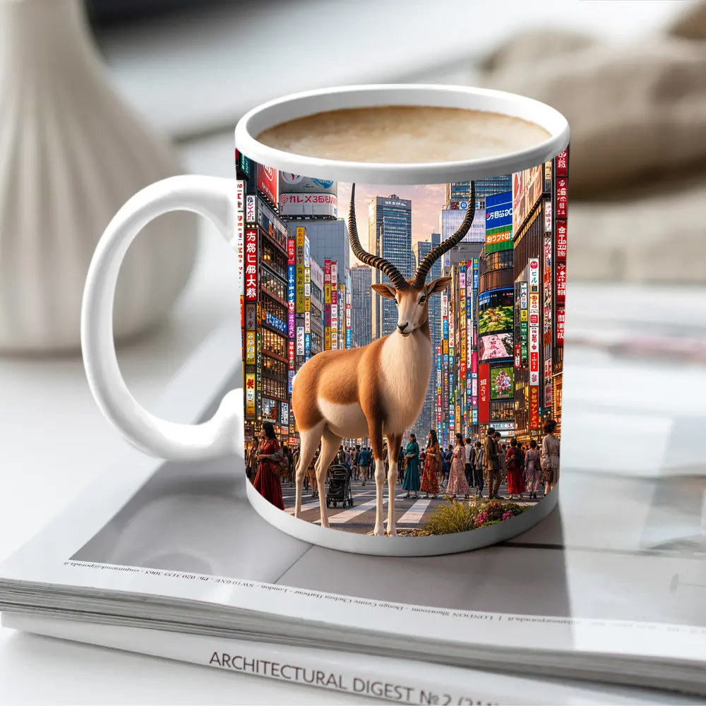 Antelope Standing in Colorful Tokyo Street – Mugs