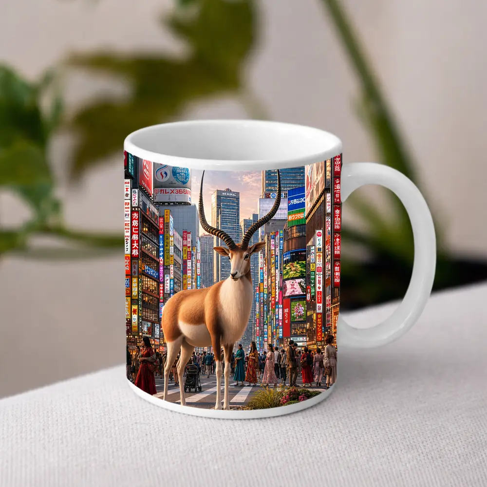 Antelope Standing in Colorful Tokyo Street – Mugs