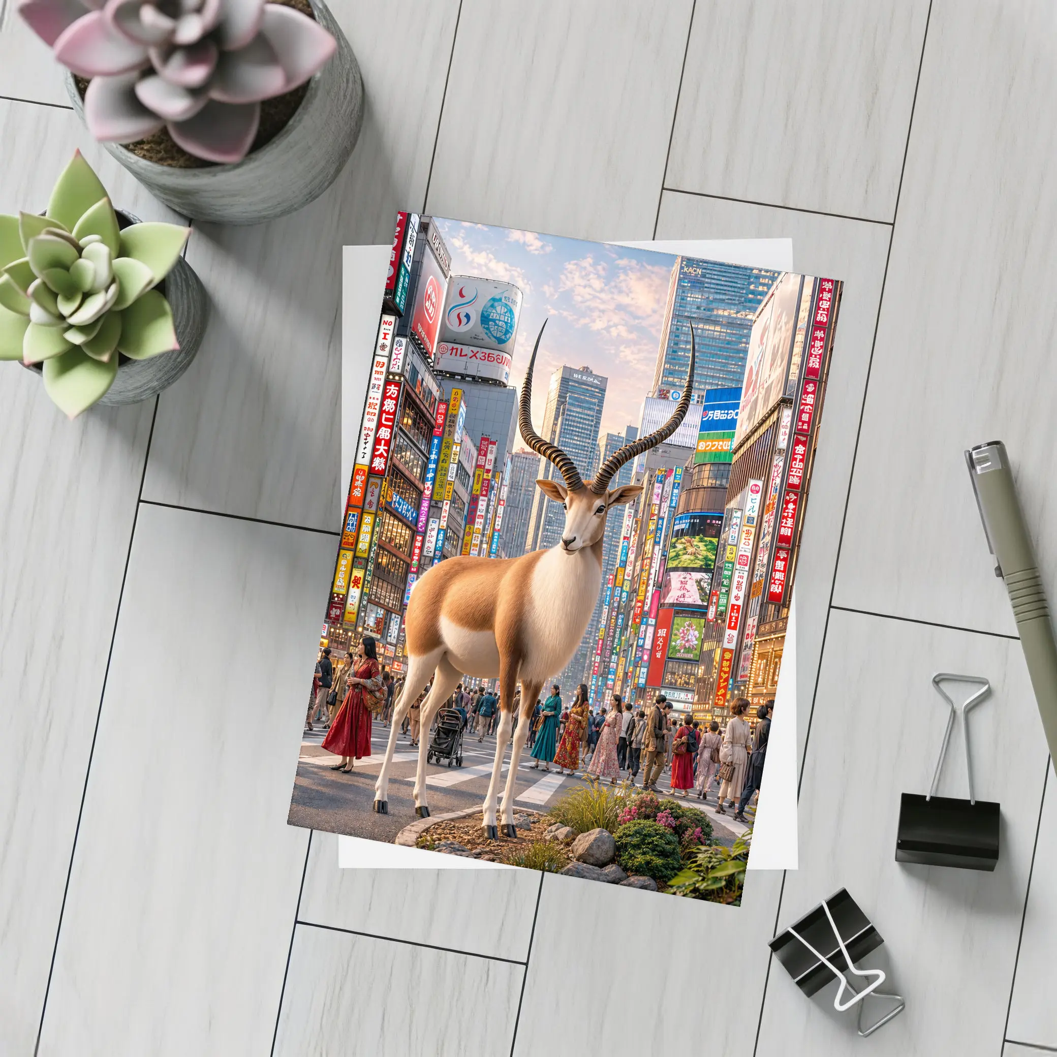 Antelope Standing in Colorful Tokyo Street – Postcards