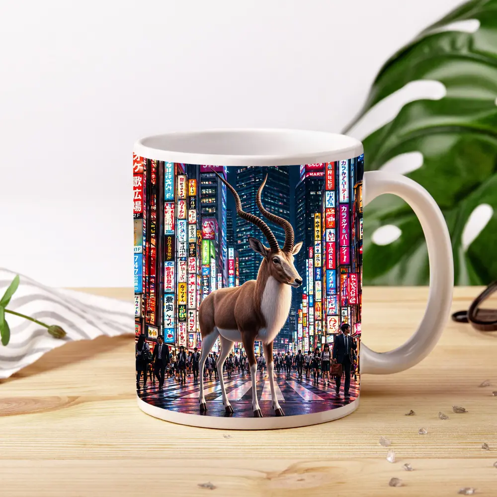 Antelope Standing In Neon Tokyo Street – Mugs