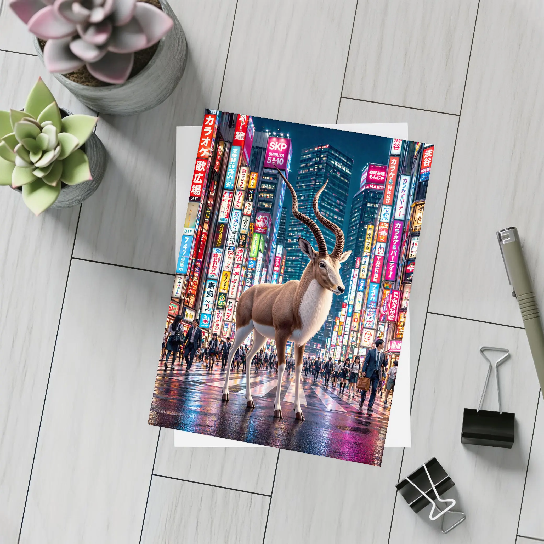Antelope Standing In Neon Tokyo Street – Postcards