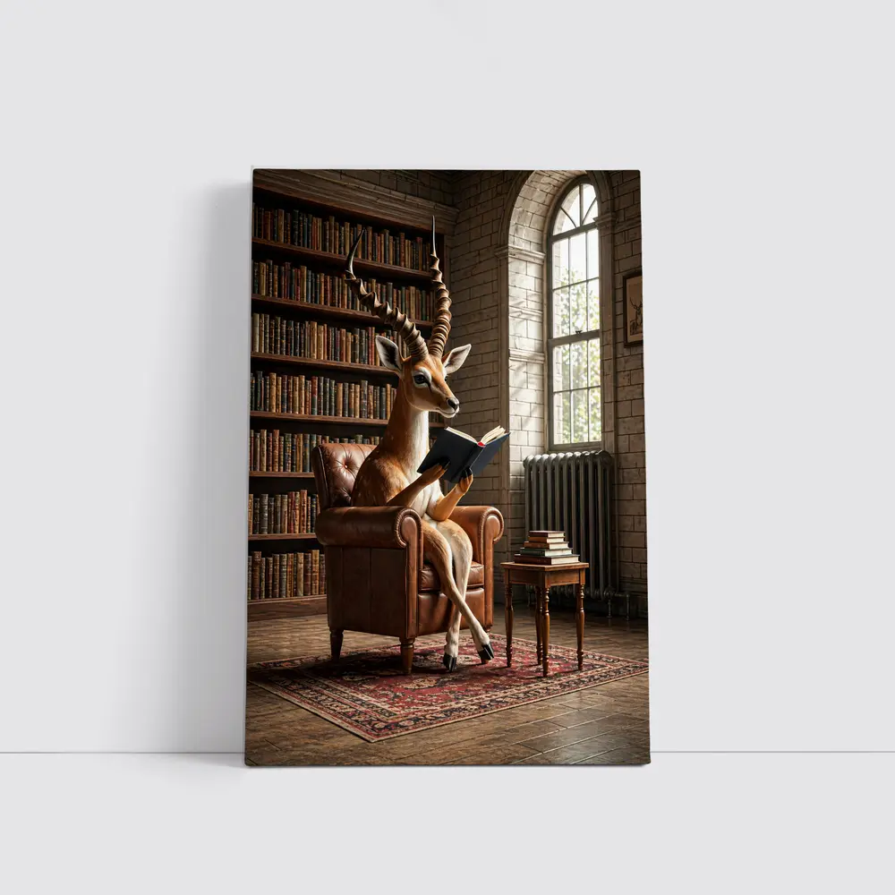 Antelope Reading Book In Library Room – Wall Art