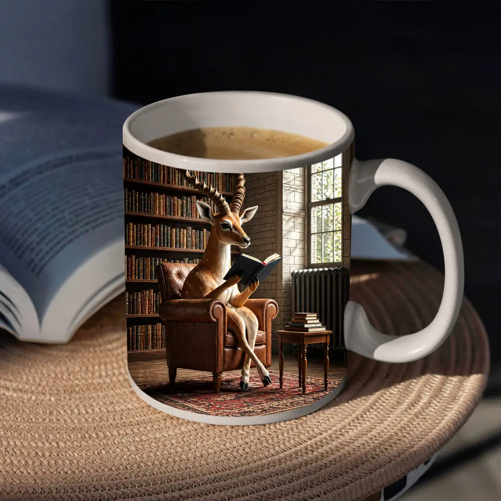 Antelope Reading Book In Library Room – Mugs