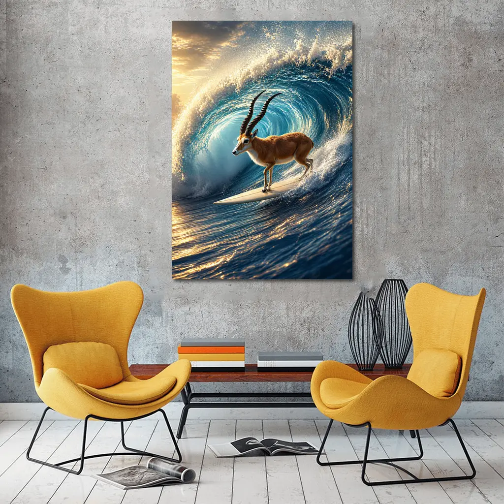 Antelope Surfing Massive Ocean Wave Sunset – Wall Art