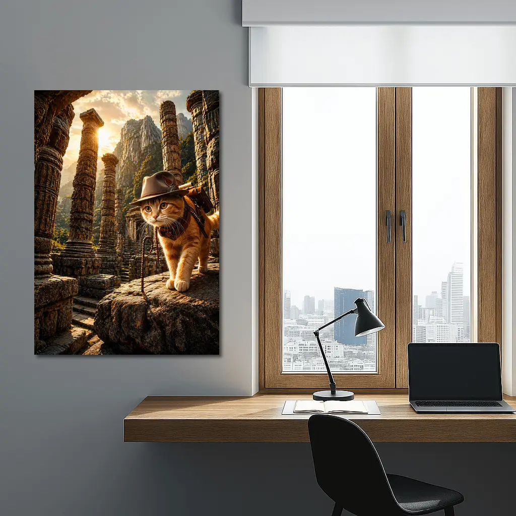 Adventurer Cat Exploring Ancient Stone Ruins – Wall Art