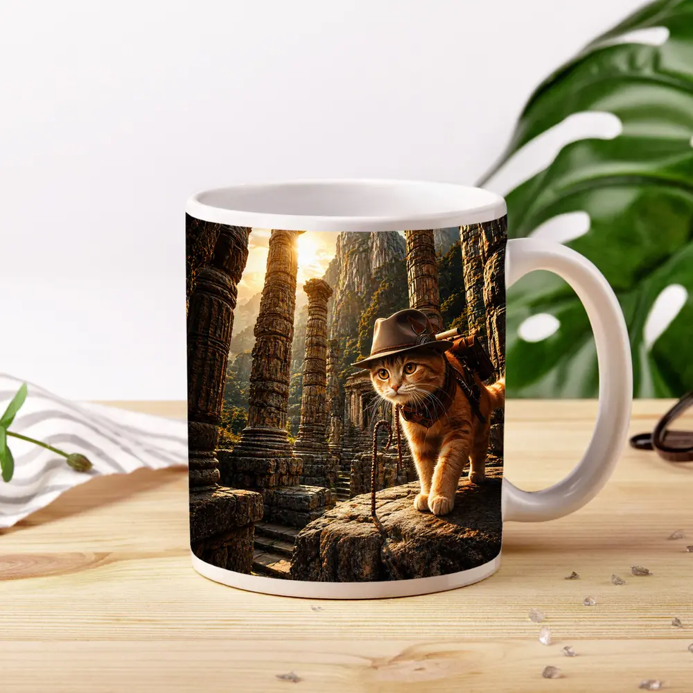 Adventurer Cat Exploring Ancient Stone Ruins – Mugs