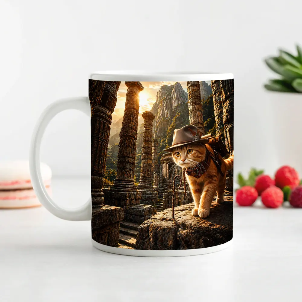 Adventurer Cat Exploring Ancient Stone Ruins – Mugs