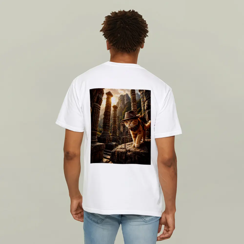 Adventurer Cat Exploring Ancient Stone Ruins – T-Shirts