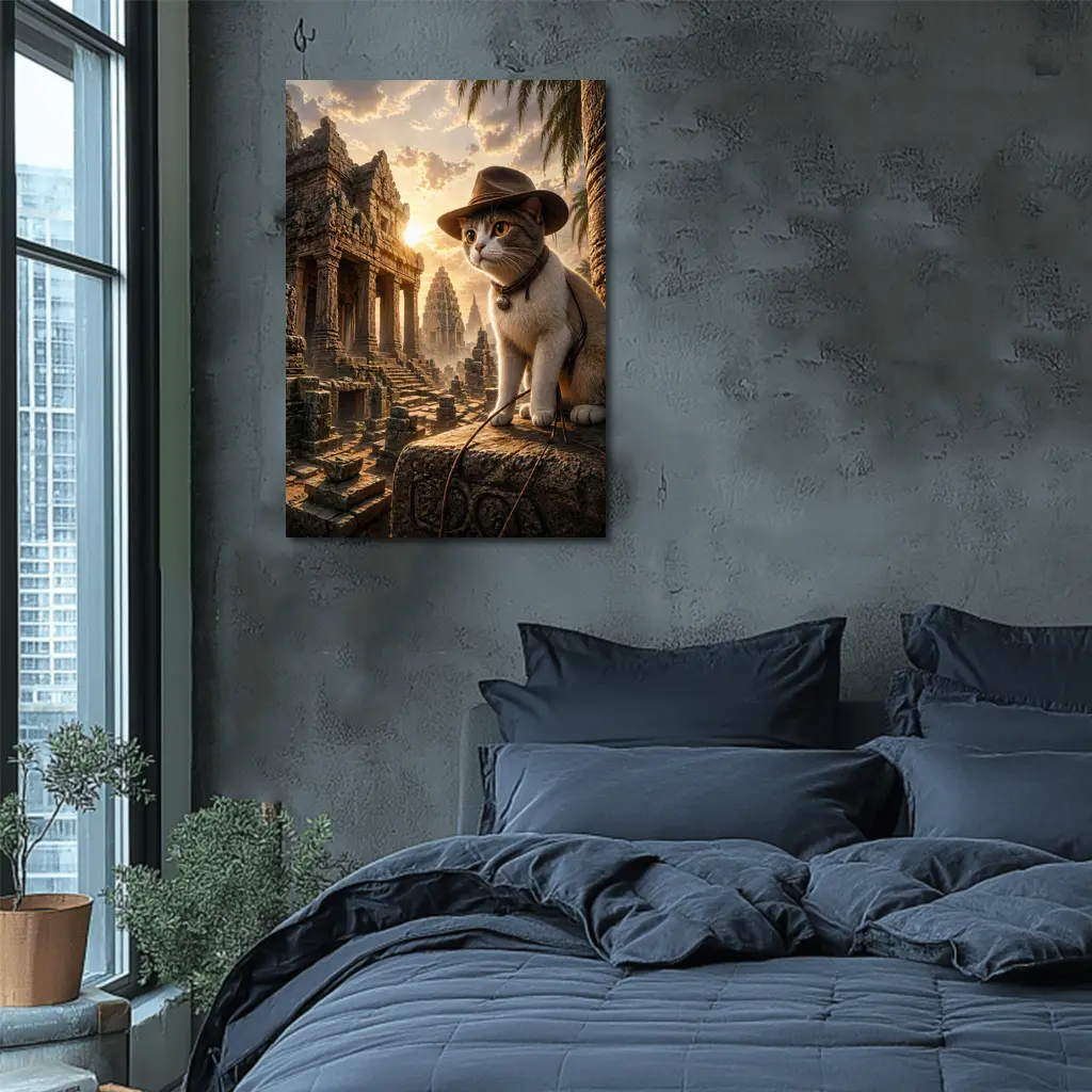 Explorer Cat Ancient Temple Ruins Sunset – Wall Art