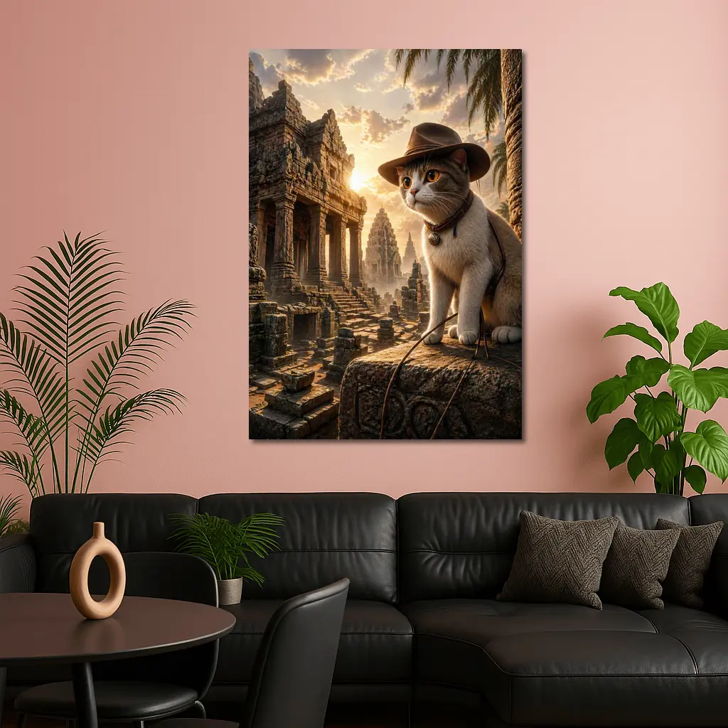Explorer Cat Ancient Temple Ruins Sunset – Wall Art