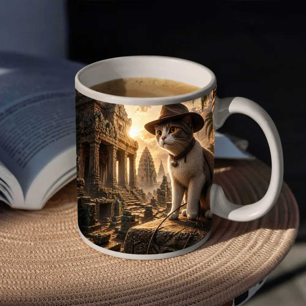 Explorer Cat Ancient Temple Ruins Sunset – Mugs