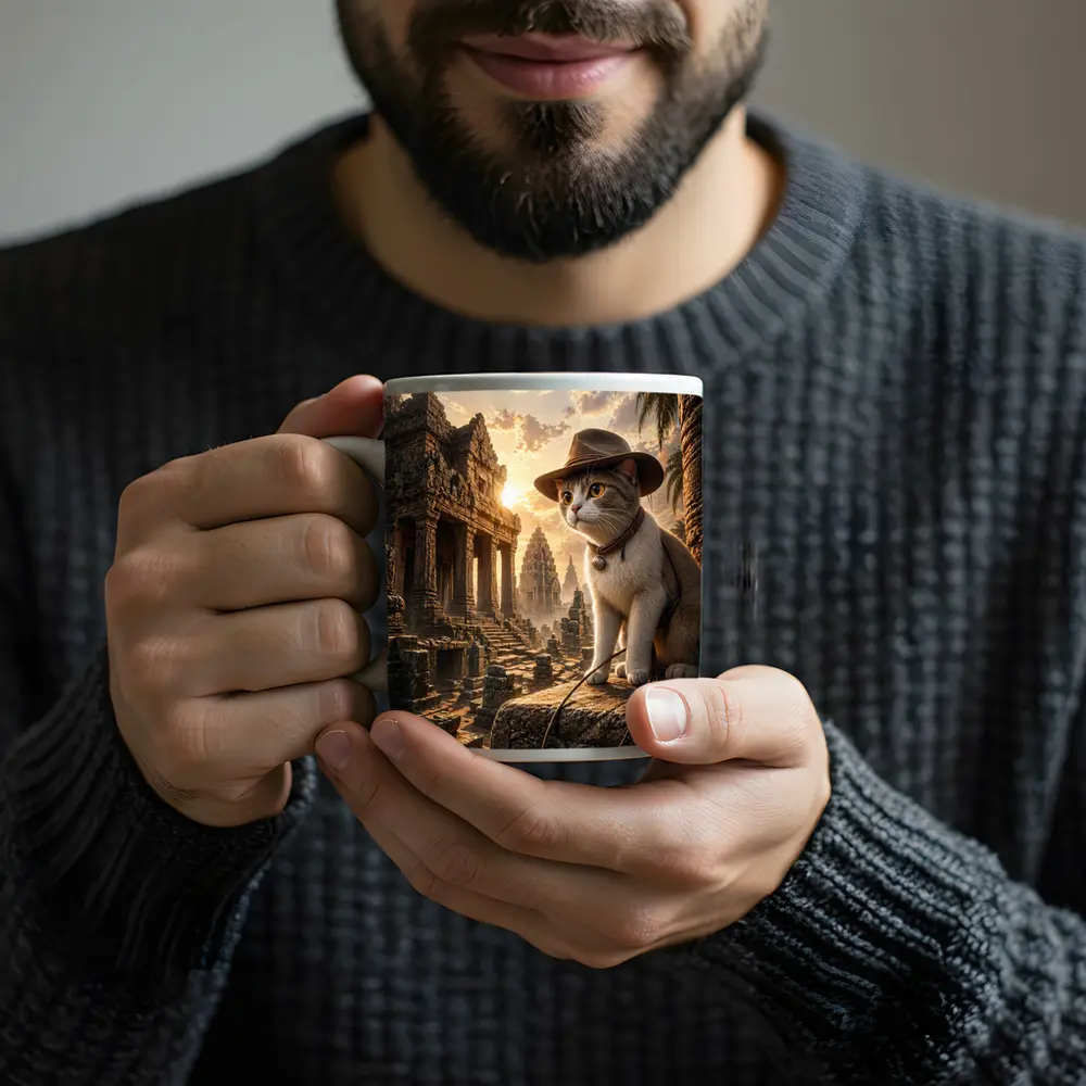 Explorer Cat Ancient Temple Ruins Sunset – Mugs