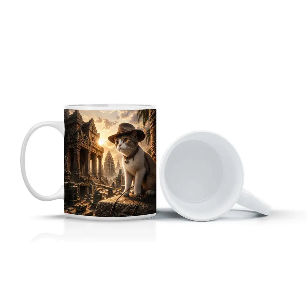Explorer Cat Ancient Temple Ruins Sunset – Mugs